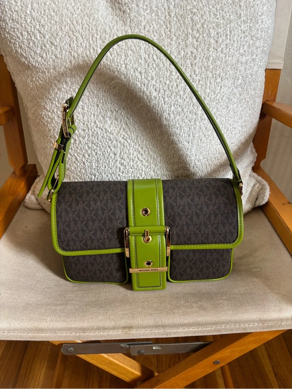 Michael Kors Brown Signature Mini Bag with Lime Green Trim & Matching Wallet